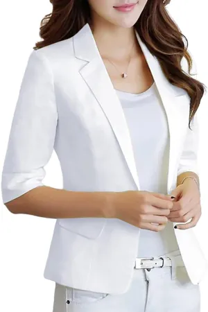 IDEALSANXUN Womens Cropped Linen Blazer Casual 3/4 Sleeve Lightweight Spring Summer Jackets Tops