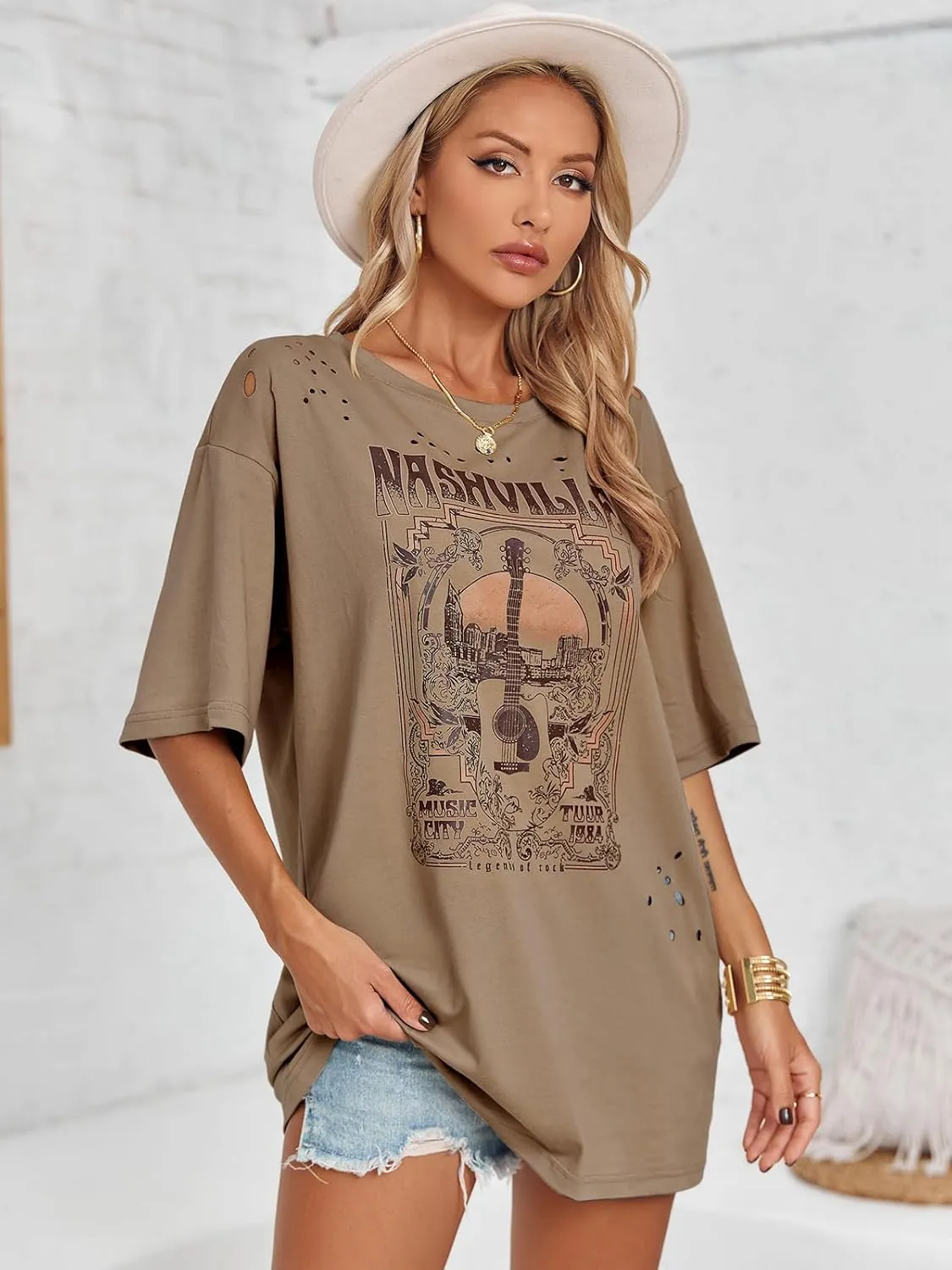 Imily Bela Womens Nashville Oversized T Shirts Country Concert Outfits Hollow Out Guitar Graphic Tees Vintage Tops