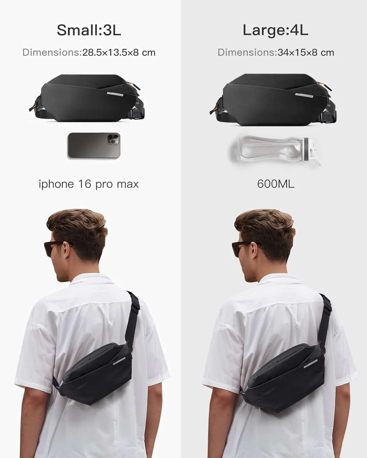 Inateck Sling Bag X, 3L Multi-pocket Crossbody Shoulder Chest Bag with Adjustable Shoulder Strap, Water-resistant Waist Fanny Pack for Men, Women, Travel, Daily Use, Cycling, Hiking, Black, Small