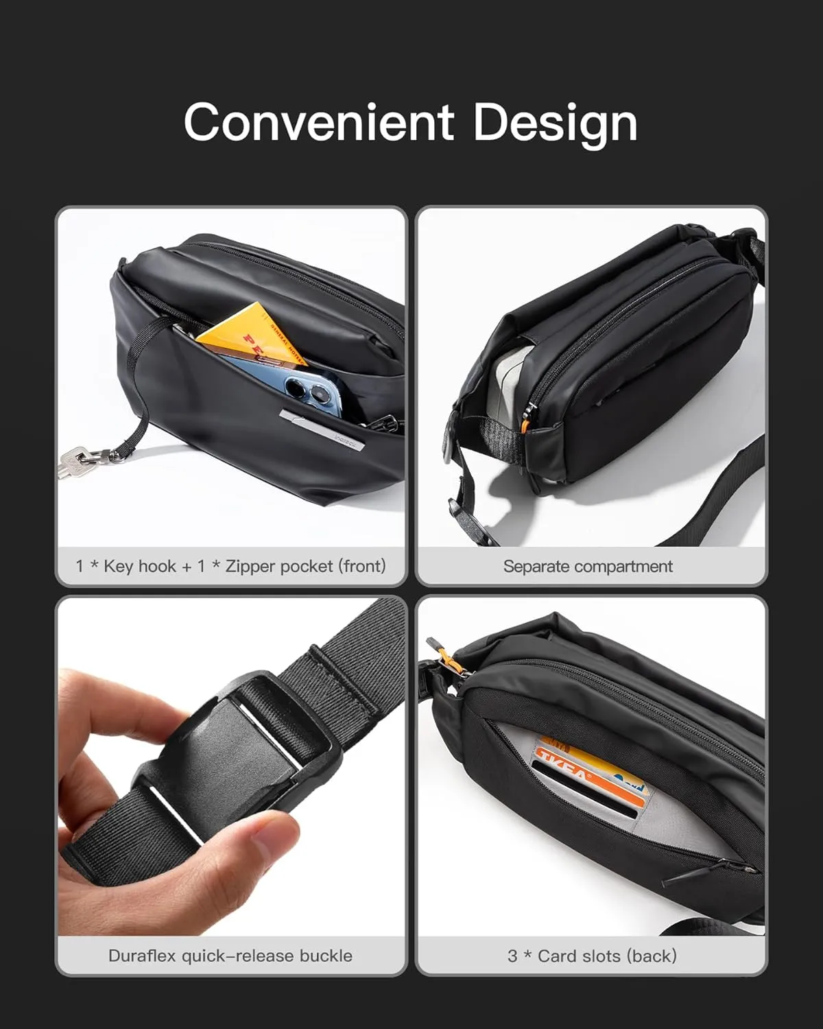 Inateck Sling Bag X, 3L Multi-pocket Crossbody Shoulder Chest Bag with Adjustable Shoulder Strap, Water-resistant Waist Fanny Pack for Men, Women, Travel, Daily Use, Cycling, Hiking, Black, Small