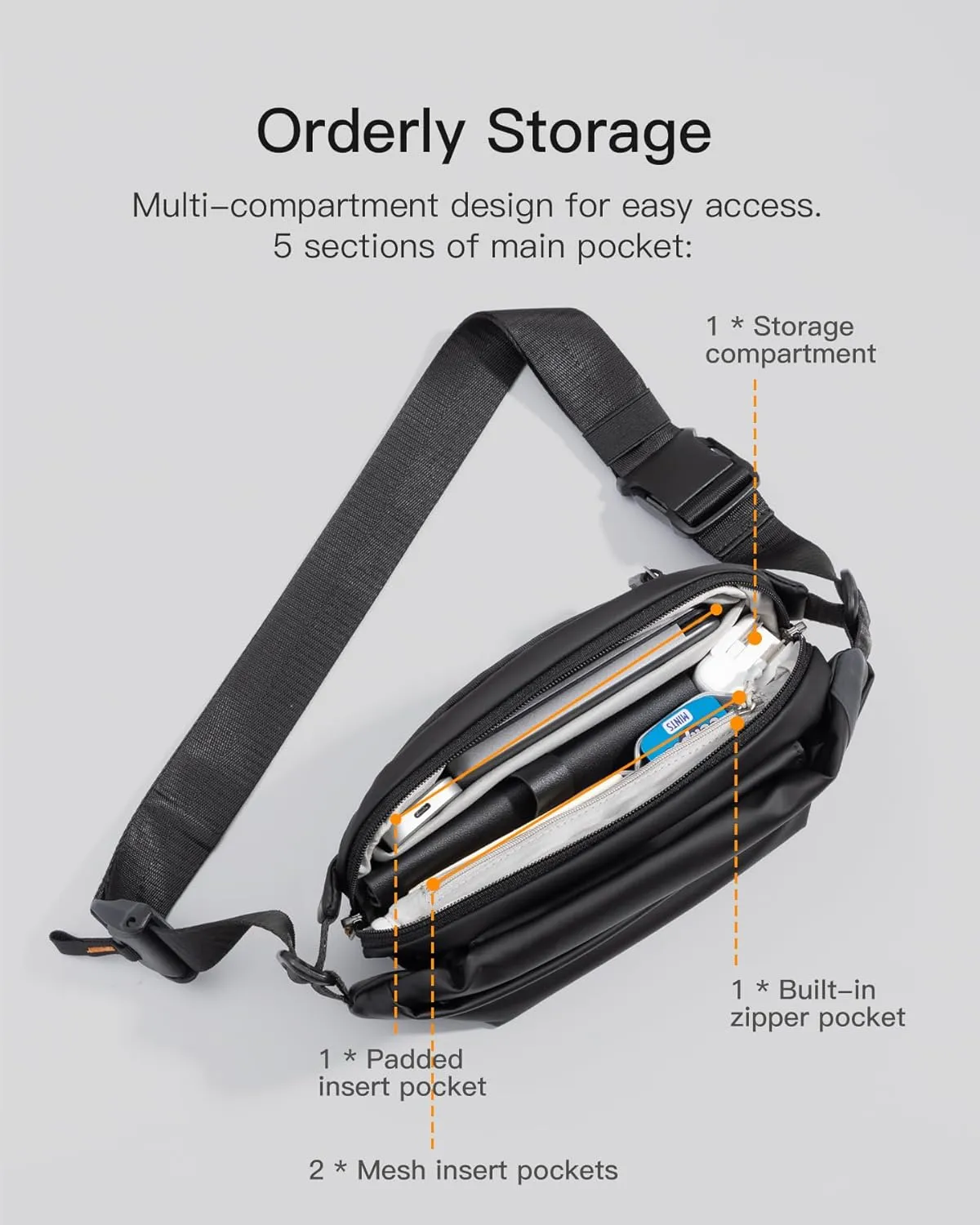 Inateck Sling Bag X, 3L Multi-pocket Crossbody Shoulder Chest Bag with Adjustable Shoulder Strap, Water-resistant Waist Fanny Pack for Men, Women, Travel, Daily Use, Cycling, Hiking, Black, Small