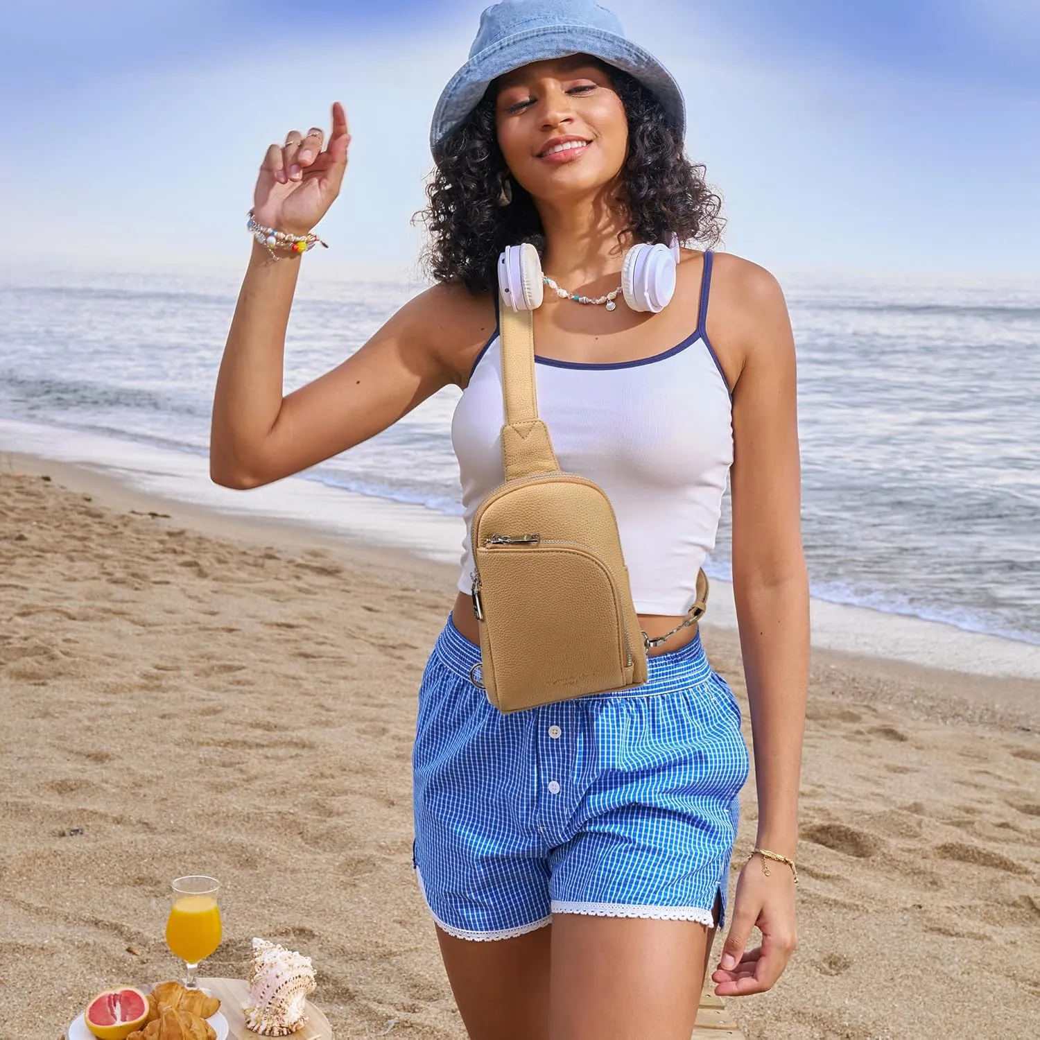INICAT RFID Blocking Sling Bag Leather Crossbody Bags for Women Fanny Pack Cross Body for Woman Chest Bag for Travel 1.9L