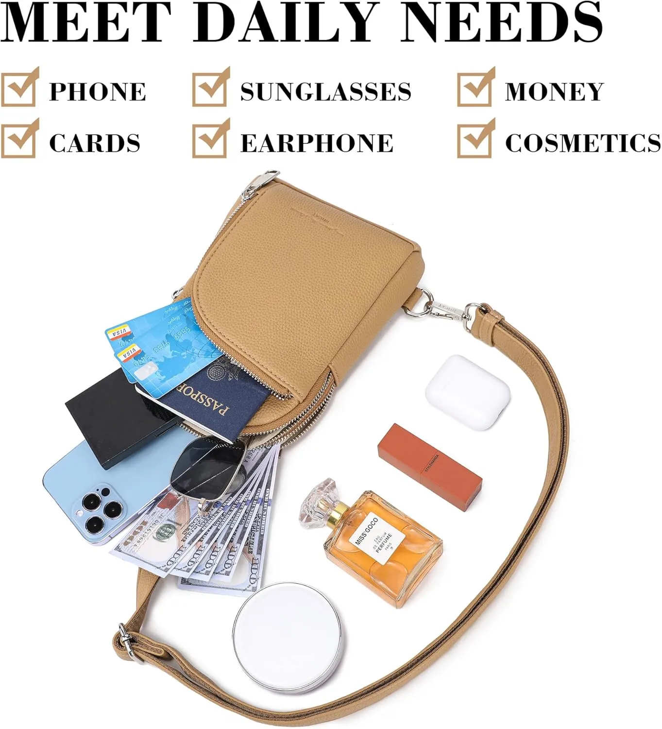 INICAT RFID Blocking Sling Bag Leather Crossbody Bags for Women Fanny Pack Cross Body for Woman Chest Bag for Travel 1.9L