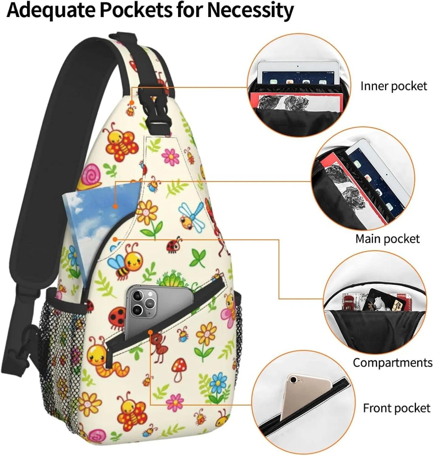 Insect Sling Bag Cute Crossbody Chest Daypack Casual Backpack Butterfly Shoulder Bag For Travel Picnic