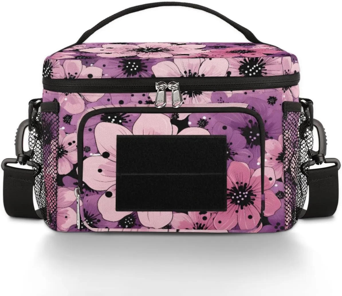 Insulated Tactical Lunch Bag, Cosmos Flowers Large Lunch Box for Women Men Meal Prep Thermal Cooler Purple Floral Lunch Container with Shoulder Strap, Lunchbox for Work Picnic