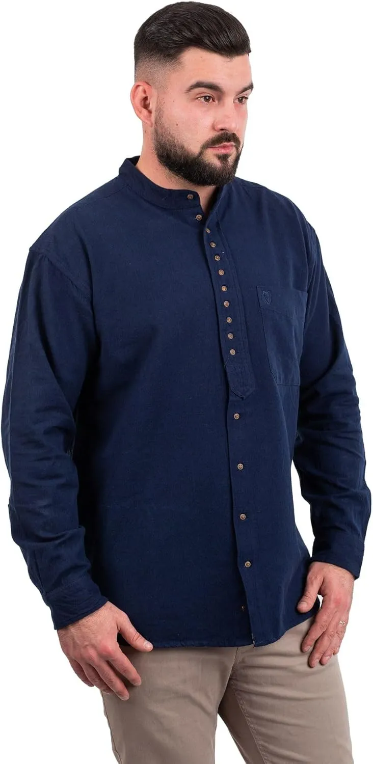 Irish Grandfather Shirt for Mens - Vintage Cotton and Linen Long-Sleeve Ireland Traditional Shirt Collarless
