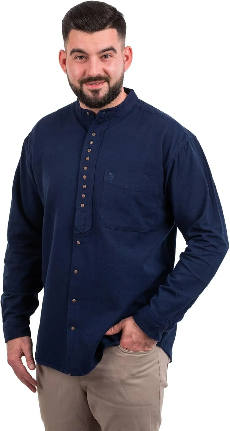 Irish Grandfather Shirt for Mens - Vintage Cotton and Linen Long-Sleeve Ireland Traditional Shirt Collarless
