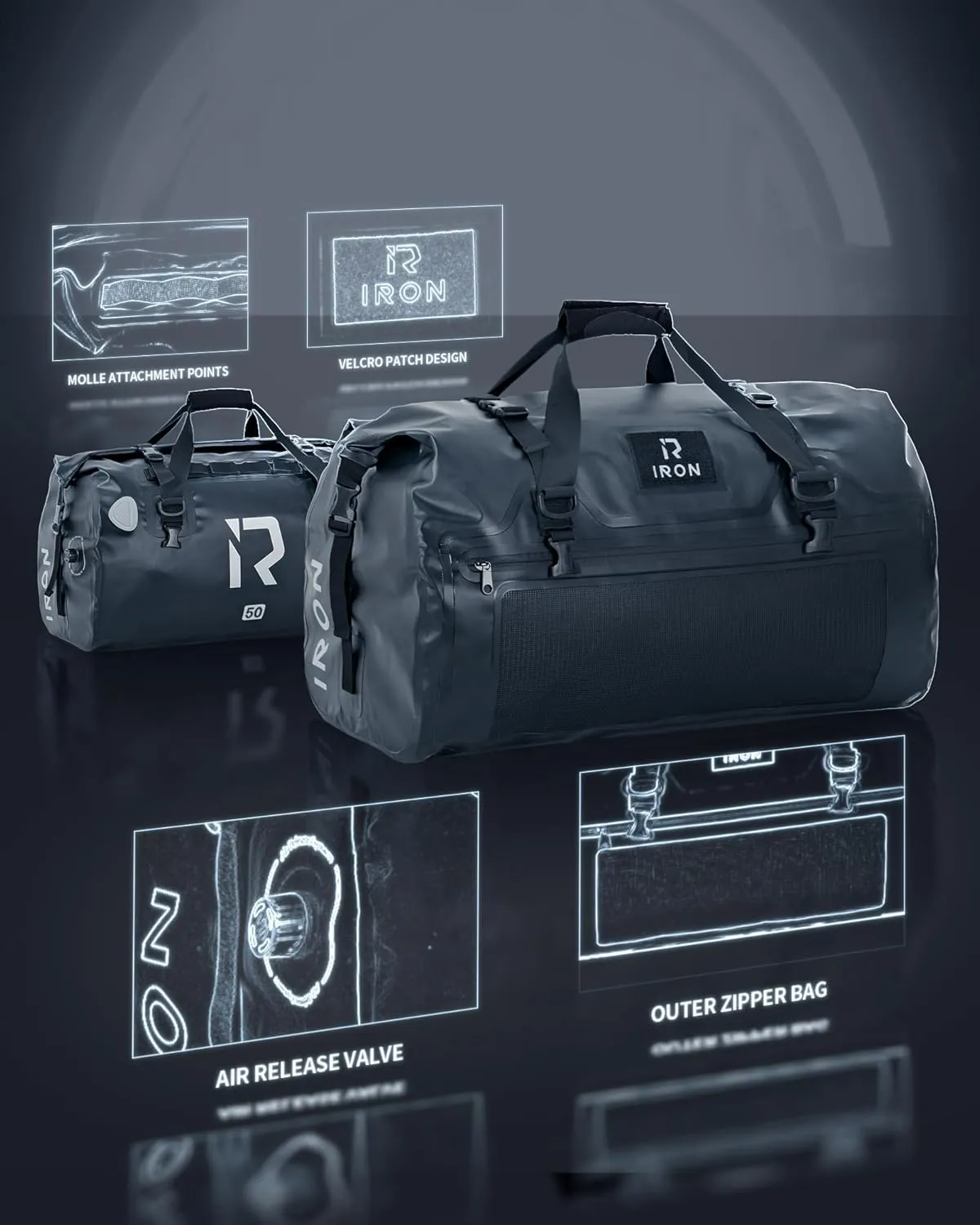 IRON JIA'S Motorcycle Dry Bag - Waterproof Duffle & Luggage Tail Bag Saddle Bags with Roll Top Closure, Shoulder Straps, Inner Pocket and Mesh Pocket (Black, 50L)