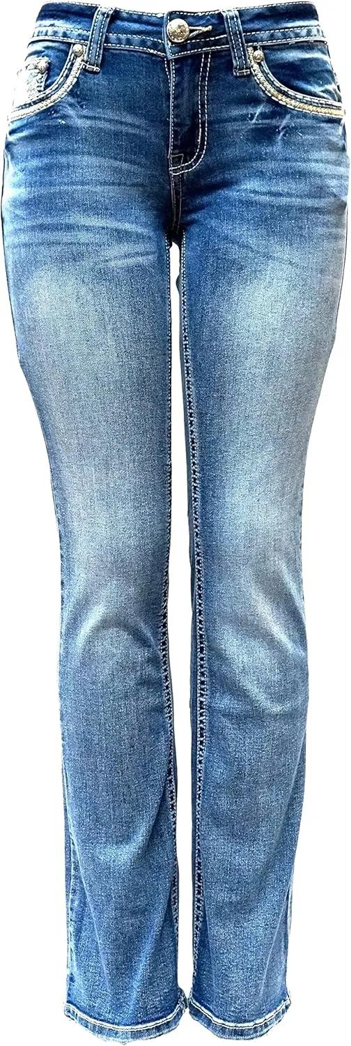 Jack David U-Cute Sweet Look Clash Jeans Women's Rhinestone Dark Wash Mid Rise Boot Cut/Skinny Denim Jean