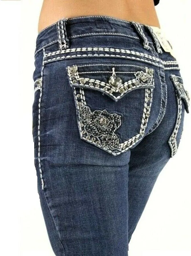 Jack David U-Cute Sweet Look Clash Jeans Women's Rhinestone Dark Wash Mid Rise Boot Cut/Skinny Denim Jean