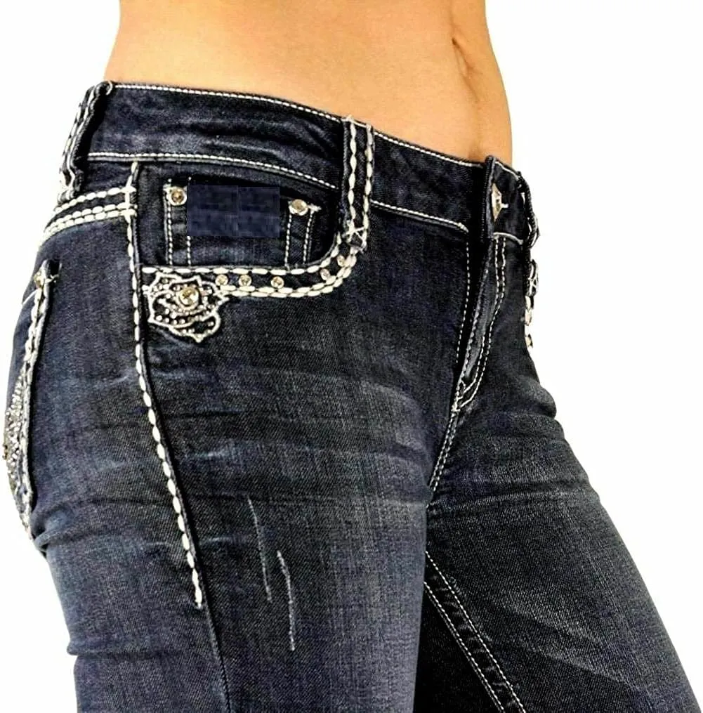 Jack David U-Cute Sweet Look Clash Jeans Women's Rhinestone Dark Wash Mid Rise Boot Cut/Skinny Denim Jean