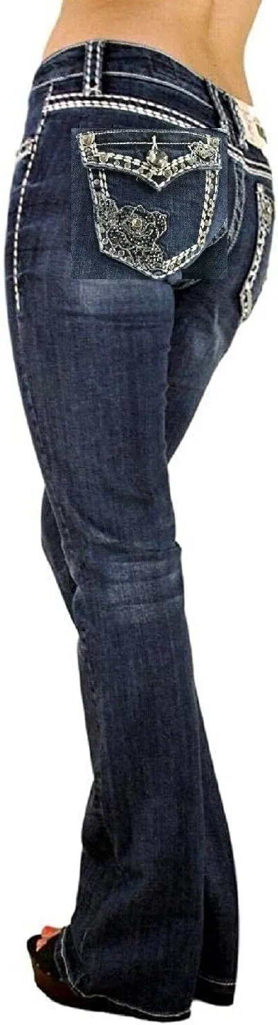 Jack David U-Cute Sweet Look Clash Jeans Women's Rhinestone Dark Wash Mid Rise Boot Cut/Skinny Denim Jean