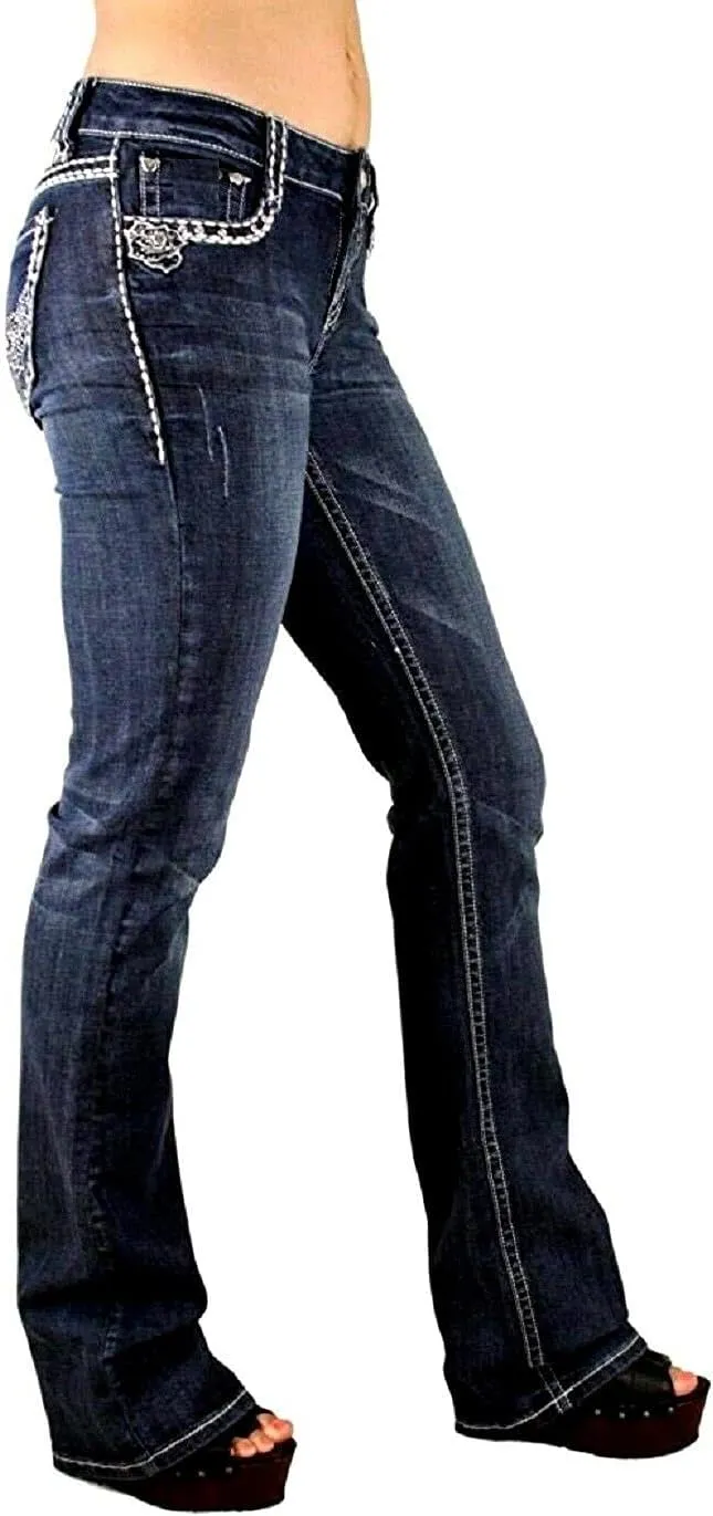 Jack David U-Cute Sweet Look Clash Jeans Women's Rhinestone Dark Wash Mid Rise Boot Cut/Skinny Denim Jean