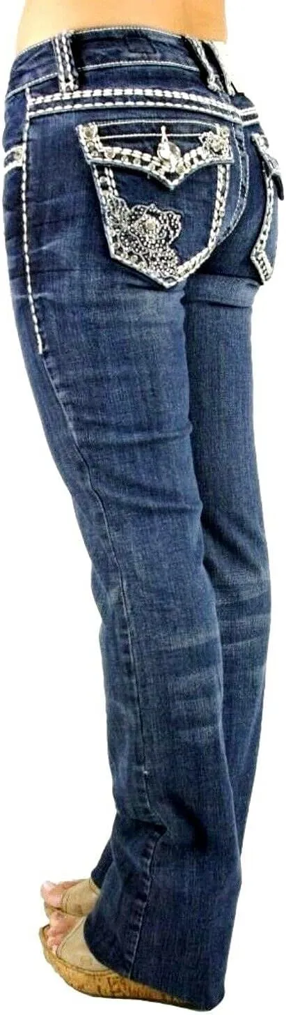 Jack David U-Cute Sweet Look Clash Jeans Women's Rhinestone Dark Wash Mid Rise Boot Cut/Skinny Denim Jean