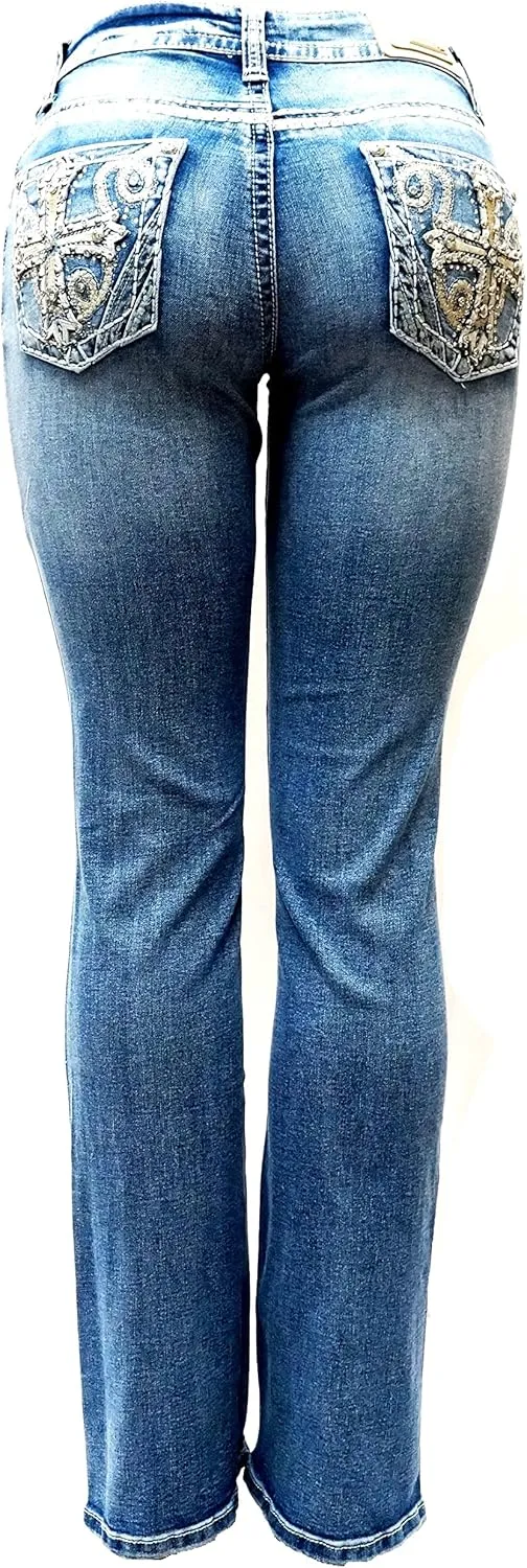 Jack David U-Cute Sweet Look Clash Jeans Women's Rhinestone Dark Wash Mid Rise Boot Cut/Skinny Denim Jean