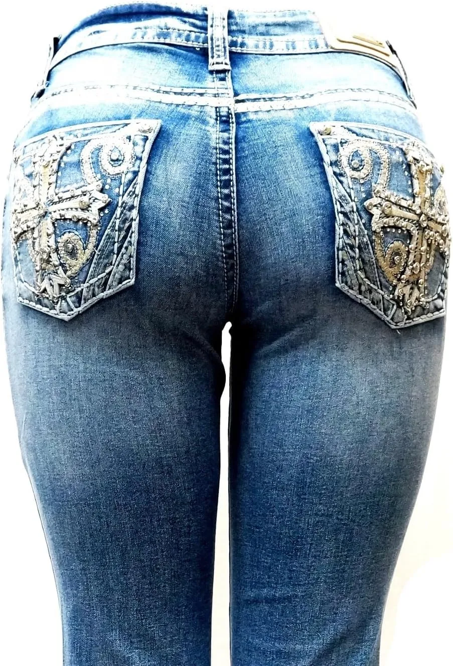 Jack David U-Cute Sweet Look Clash Jeans Women's Rhinestone Dark Wash Mid Rise Boot Cut/Skinny Denim Jean