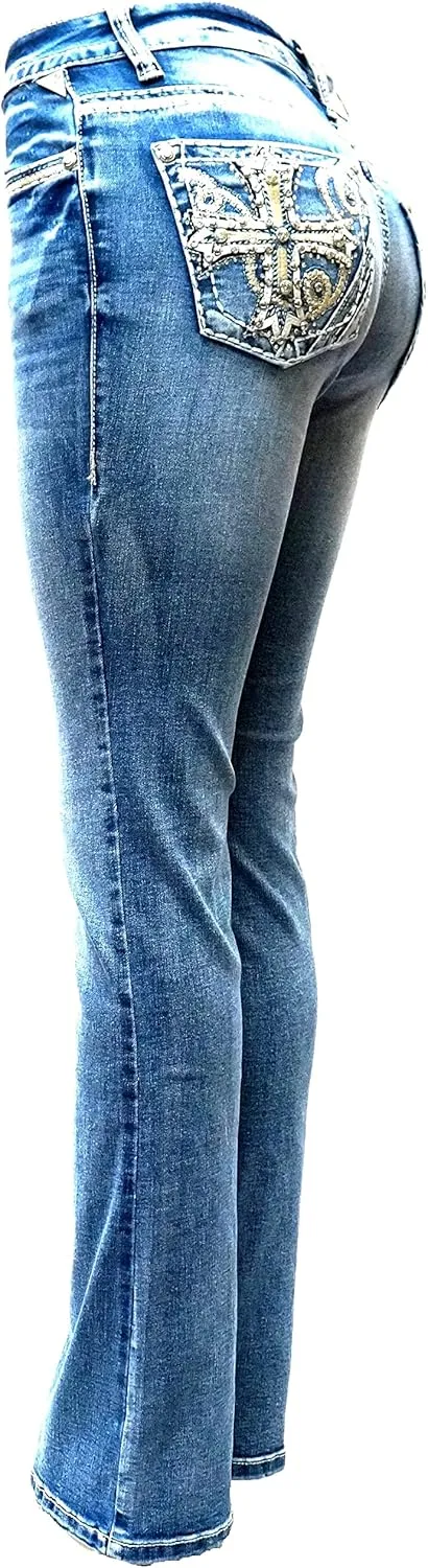 Jack David U-Cute Sweet Look Clash Jeans Women's Rhinestone Dark Wash Mid Rise Boot Cut/Skinny Denim Jean