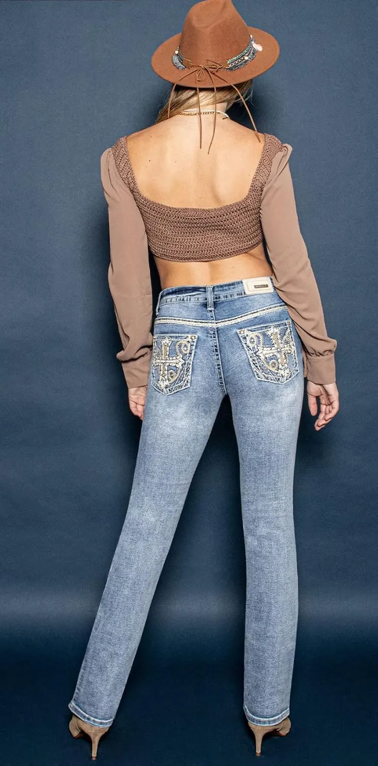 Jack David U-Cute Sweet Look Clash Jeans Women's Rhinestone Dark Wash Mid Rise Boot Cut/Skinny Denim Jean
