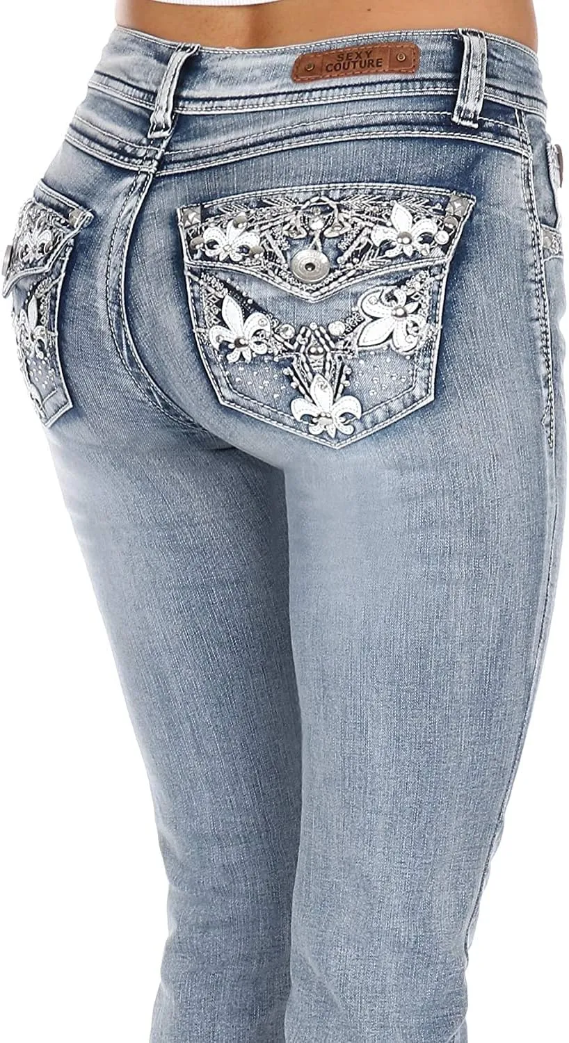 Jack David/Sweet Look Jean Classic Rhinestone Studded Denim Bootcut/Skinny Jeans Stretch