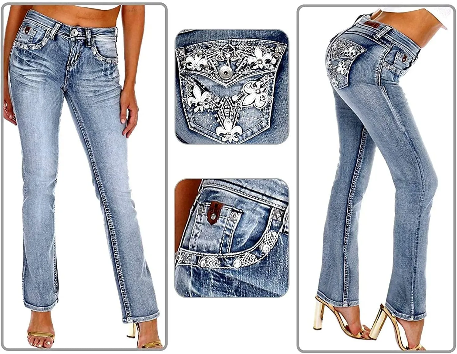 Jack David/Sweet Look Jean Classic Rhinestone Studded Denim Bootcut/Skinny Jeans Stretch