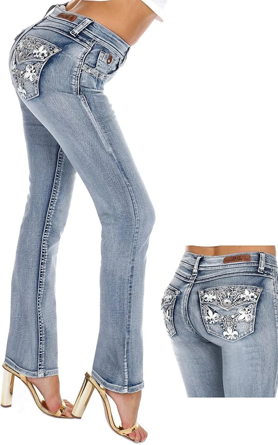 Jack David/Sweet Look Jean Classic Rhinestone Studded Denim Bootcut/Skinny Jeans Stretch