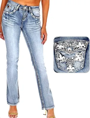 Jack David/Sweet Look Jean Classic Rhinestone Studded Denim Bootcut/Skinny Jeans Stretch