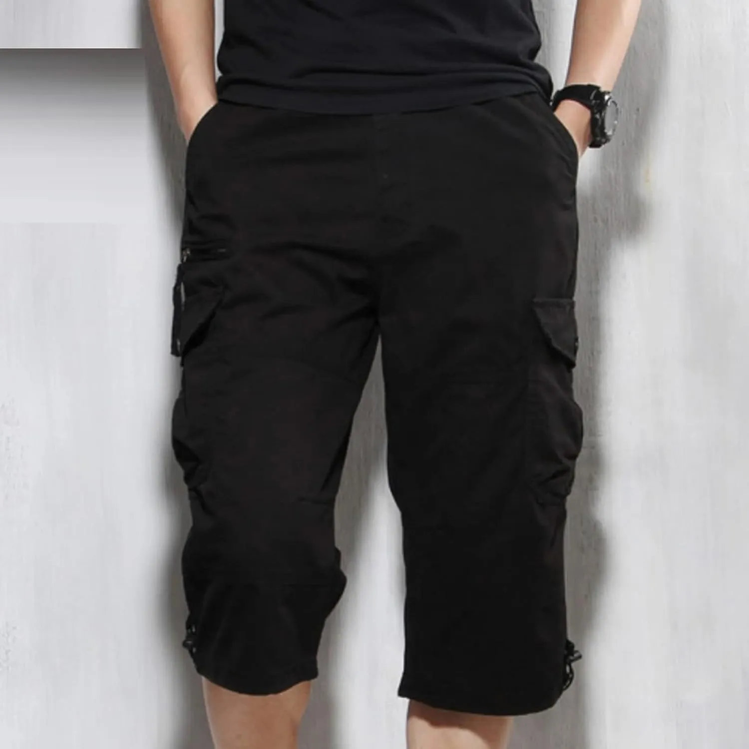 JEKE-DG Men's 3/4 Capri Shorts Below Knee Casual Pants Workout Multi-Pocket Long Shorts