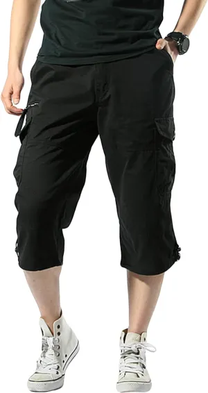 JEKE-DG Men's 3/4 Capri Shorts Below Knee Casual Pants Workout Multi-Pocket Long Shorts