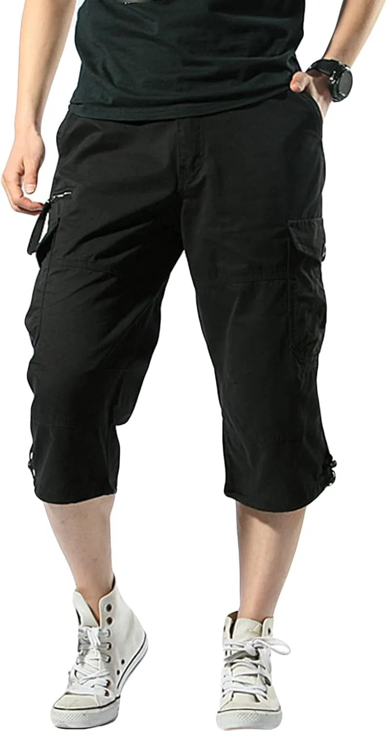 JEKE-DG Men's 3/4 Capri Shorts Below Knee Casual Pants Workout Multi-Pocket Long Shorts
