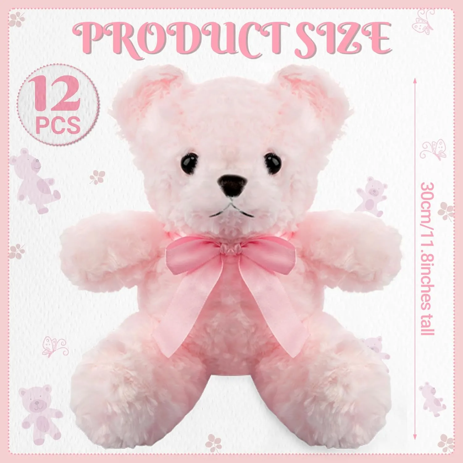 Jenaai 12 Pieces Stuffed Animals Stuffed Bear with Bow Soft Party Gift Plush Bears for Baby Shower Centerpieces Birthday Care Wedding Decorations Christmas, 11.8 Inch (Pink,Cute)