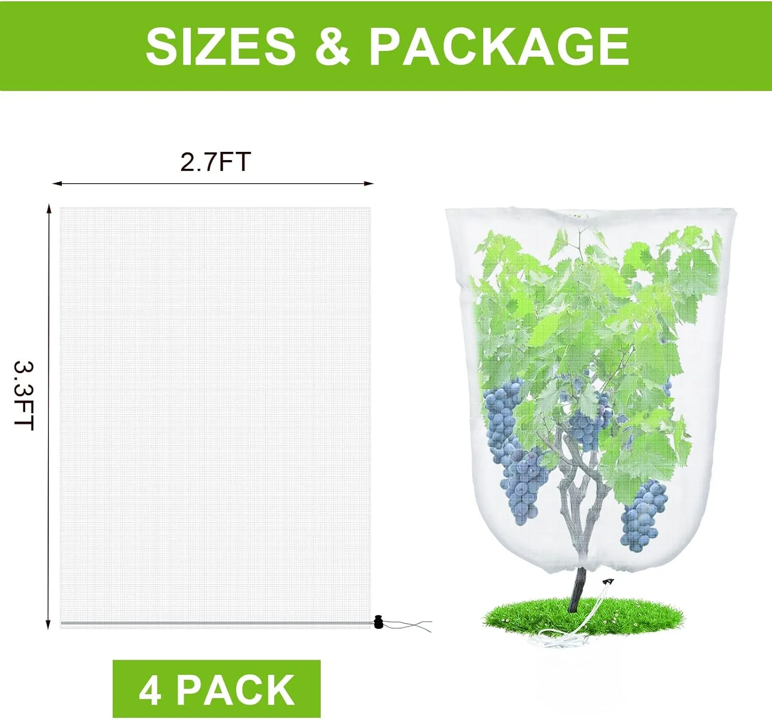 JERIA 4 Pack Insect Barrier Mesh Netting,3.3ft x 2.7ft Gardens Netting with Drawstring,Plants Cover Protection Netting for Blueberry Bushes, Fruit Trees