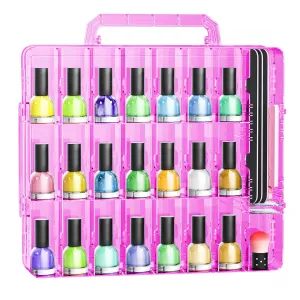 JIASHENG Nail Polish Organizer Case for 48 Bottles, Gel Nail Polish Storage Holder Double Side Adjustable Space Divider for Acrylic Nail Gel Dip Powder Tips Set with Two Toe Separator, Pink