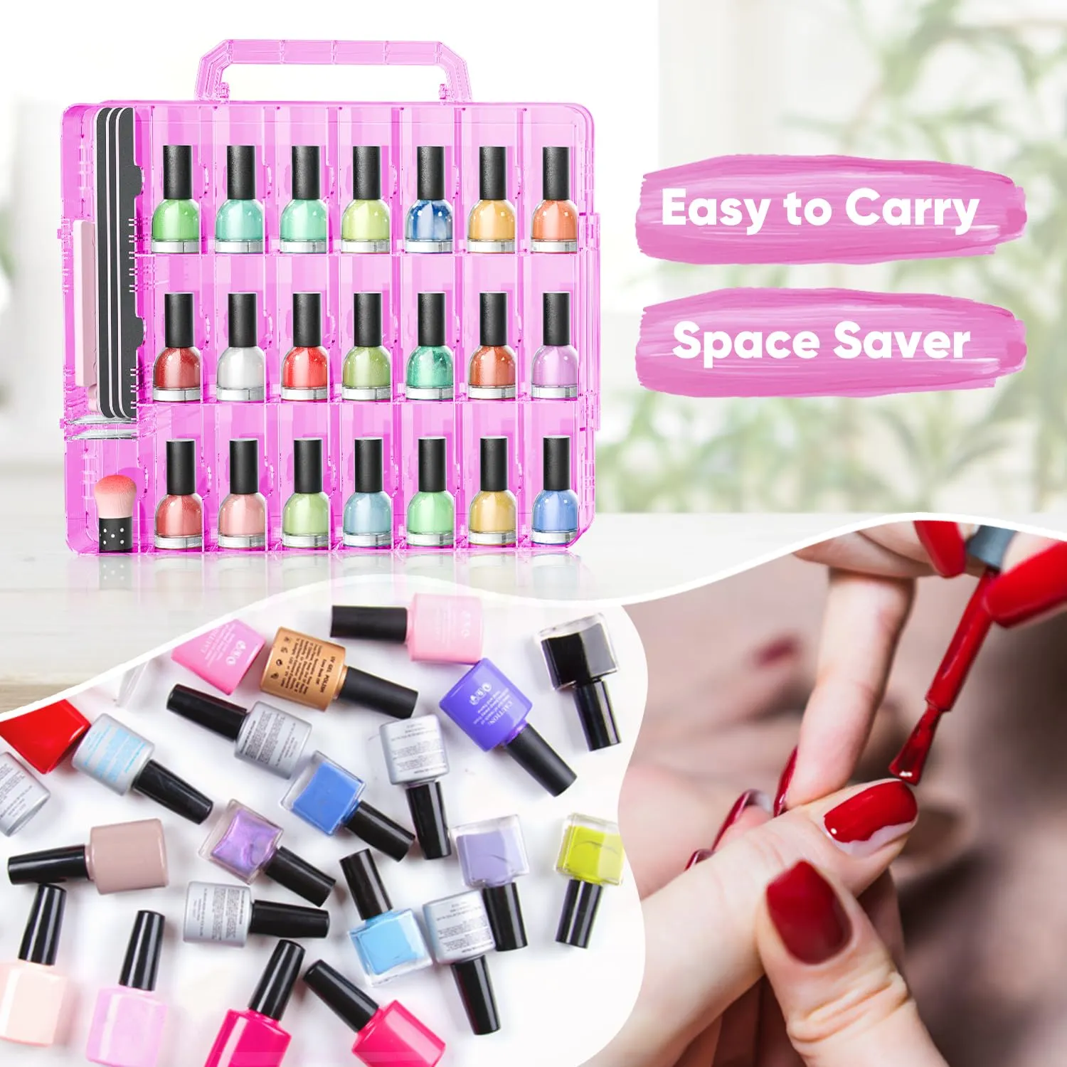 JIASHENG Nail Polish Organizer Case for 48 Bottles, Gel Nail Polish Storage Holder Double Side Adjustable Space Divider for Acrylic Nail Gel Dip Powder Tips Set with Two Toe Separator, Pink