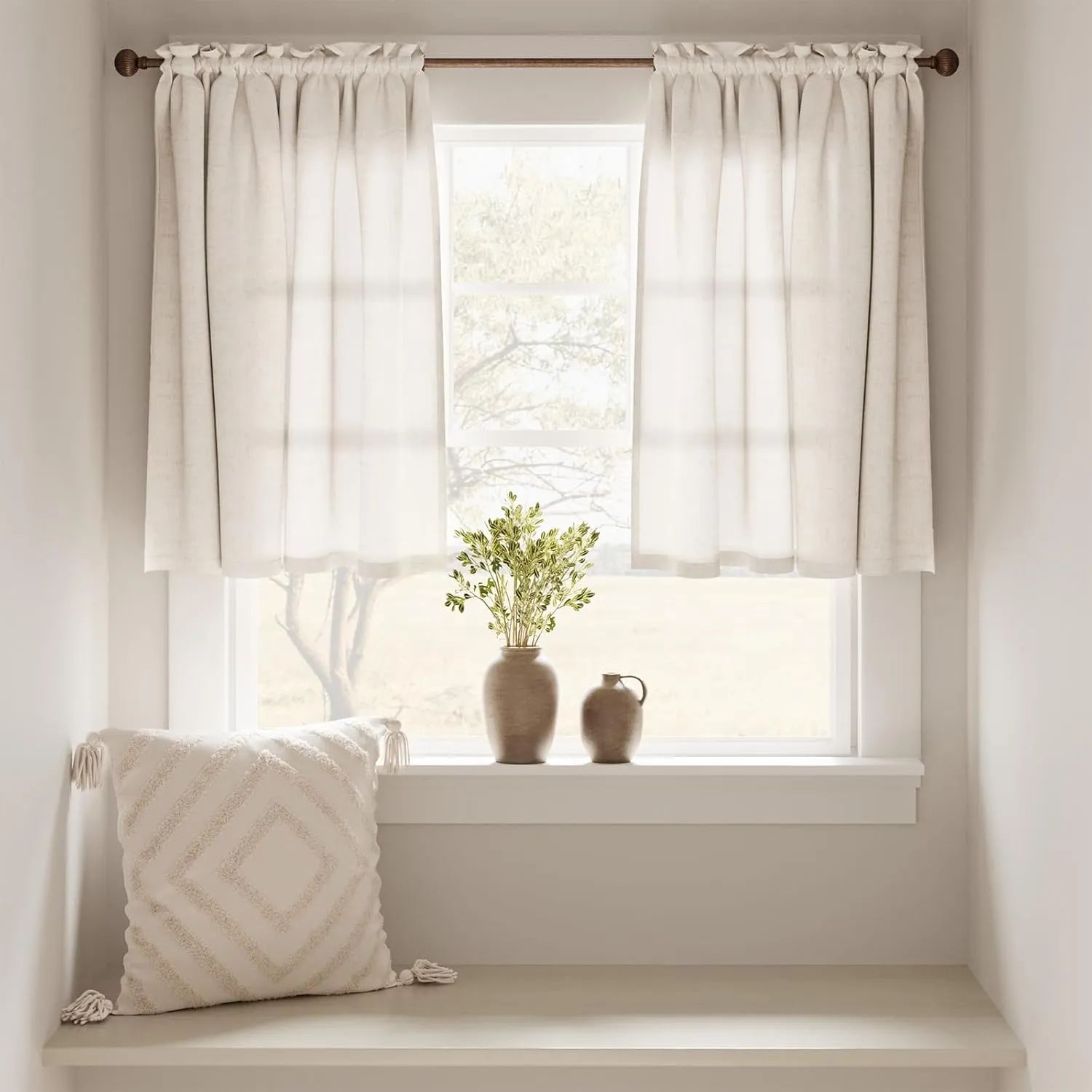 jinchan Beige Kitchen Curtains Linen Tier Curtains 24 Inch Farmhouse Cafe Drapes for Small Window Flax Country Rustic Rod Pocket Bathroom Laundry Room RV Light Filtering 2 Panels Crude