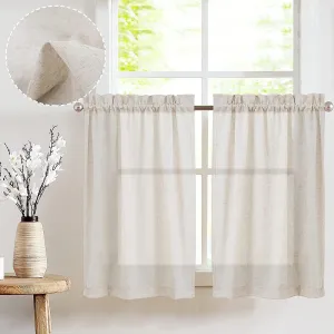 jinchan Beige Kitchen Curtains Linen Tier Curtains 24 Inch Farmhouse Cafe Drapes for Small Window Flax Country Rustic Rod Pocket Bathroom Laundry Room RV Light Filtering 2 Panels Crude