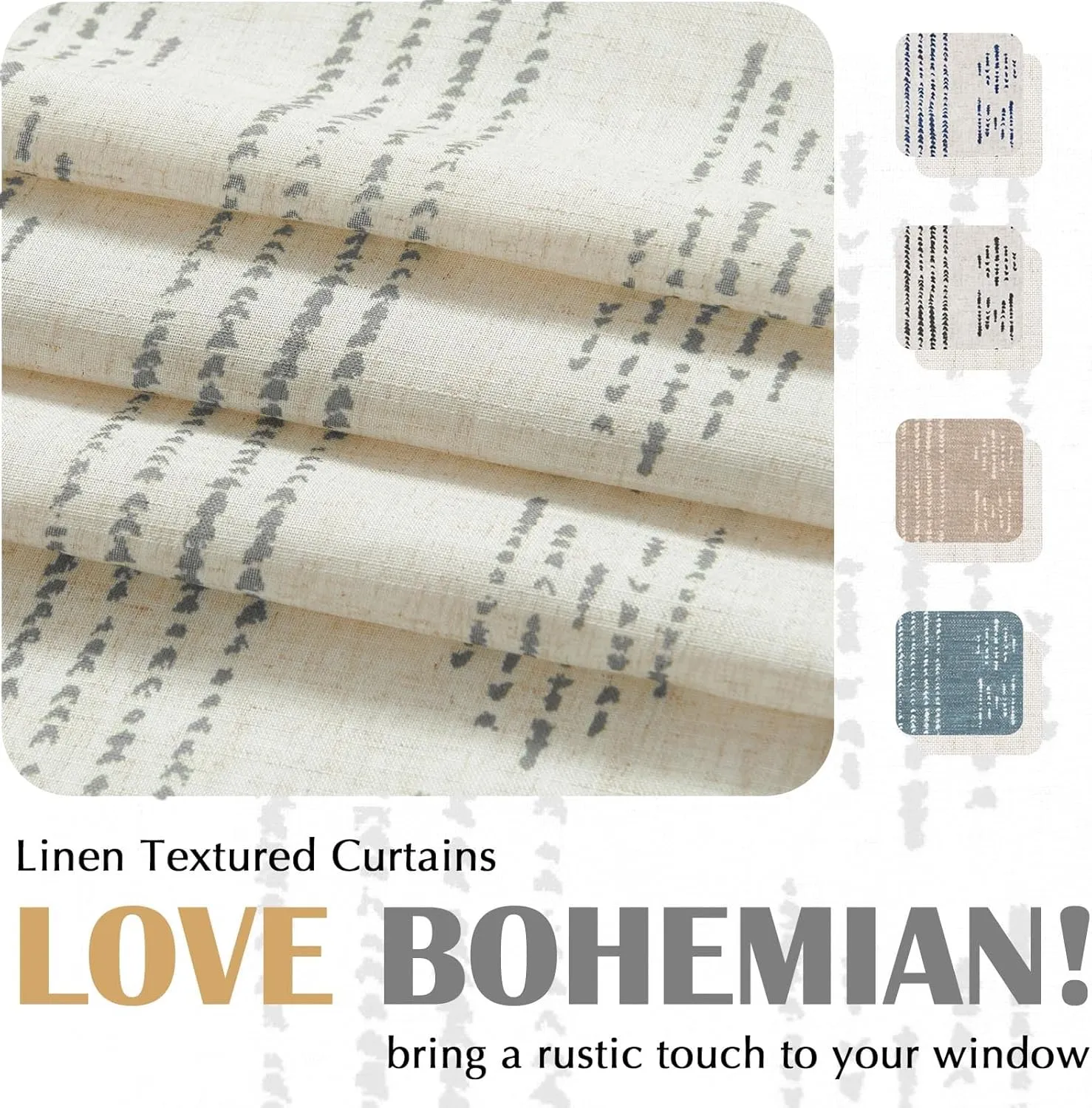 JINCHAN Boho Gray Stripe Kitchen Curtains and Valance Set Linen Tier Curtains Bohemian Small Window Drapes 36 Inch for Cafe Living Room Bathroom Window Treatments Rod Pocket 3 Pieces Set Grey on Beige