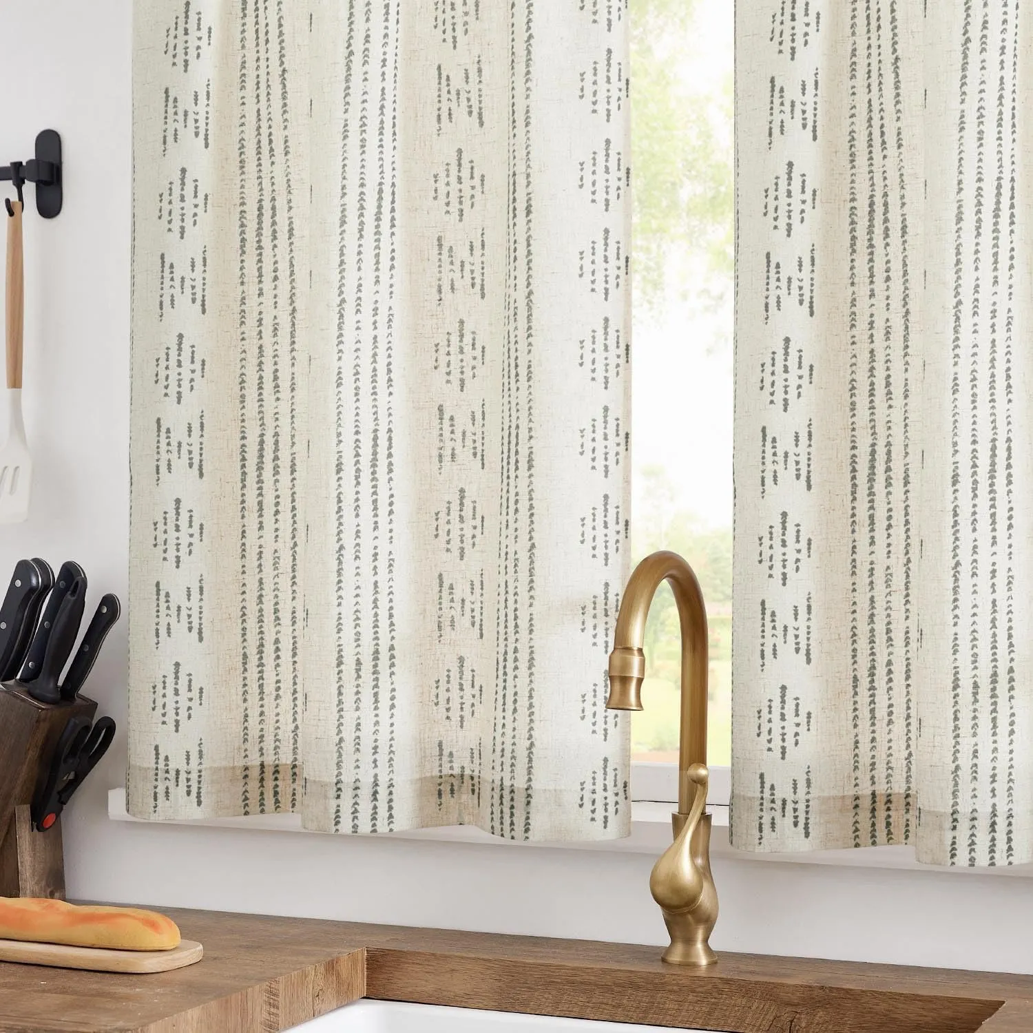 JINCHAN Boho Gray Stripe Kitchen Curtains and Valance Set Linen Tier Curtains Bohemian Small Window Drapes 36 Inch for Cafe Living Room Bathroom Window Treatments Rod Pocket 3 Pieces Set Grey on Beige