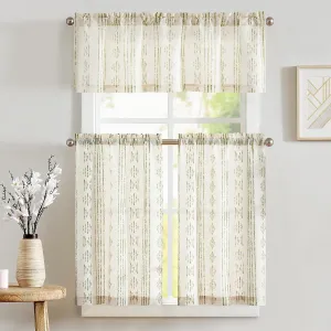 JINCHAN Boho Stripe Kitchen Curtains and Valance Set Linen Tier Curtains Bohemian Small Window Drape 36 Inch for Cafe Living Room Bathroom Window Treatments Rod Pocket 3 Pieces Set Sage Green on Beige