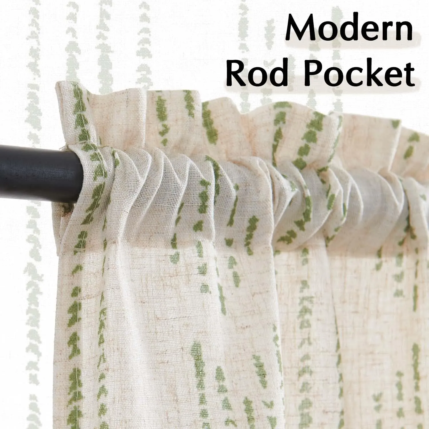 JINCHAN Boho Stripe Kitchen Curtains and Valance Set Linen Tier Curtains Bohemian Small Window Drape 36 Inch for Cafe Living Room Bathroom Window Treatments Rod Pocket 3 Pieces Set Sage Green on Beige