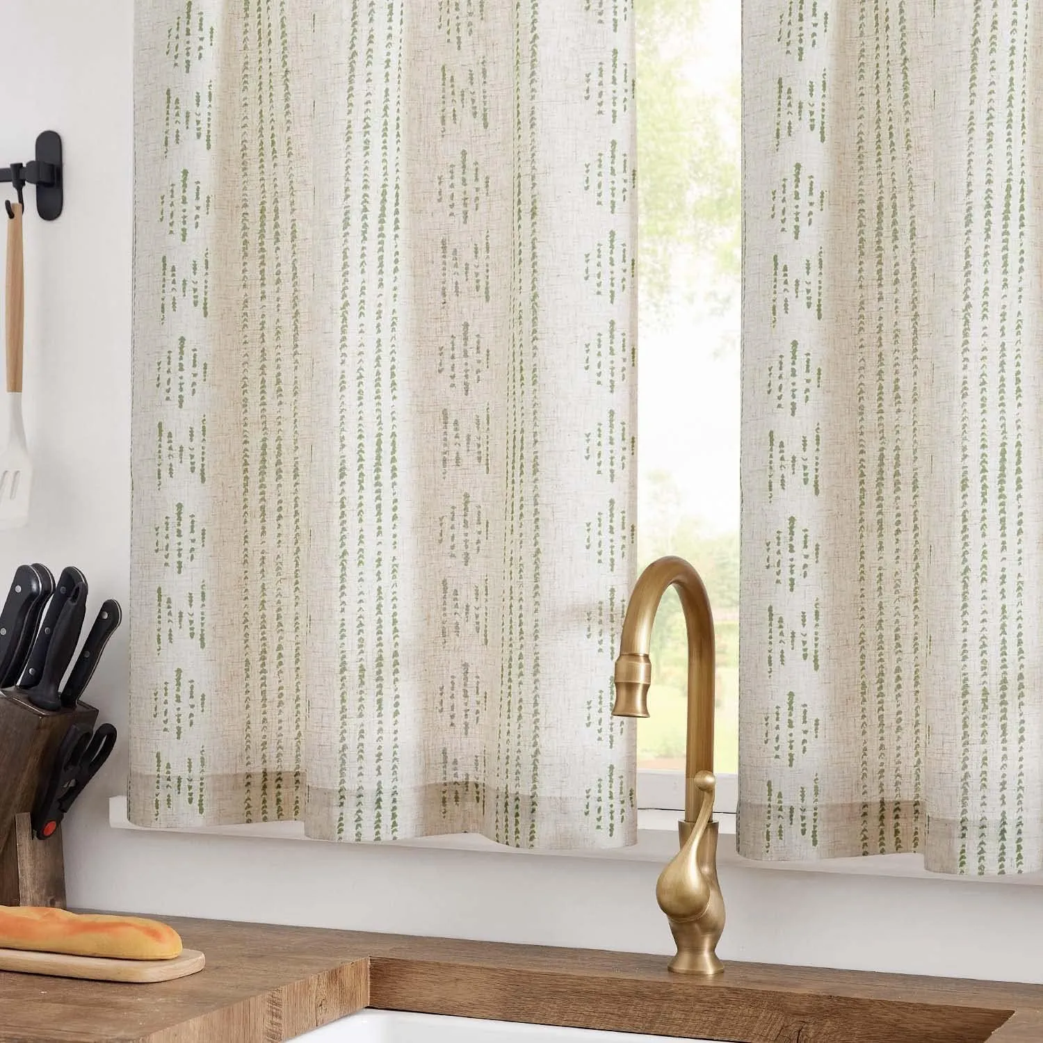 JINCHAN Boho Stripe Kitchen Curtains and Valance Set Linen Tier Curtains Bohemian Small Window Drape 36 Inch for Cafe Living Room Bathroom Window Treatments Rod Pocket 3 Pieces Set Sage Green on Beige