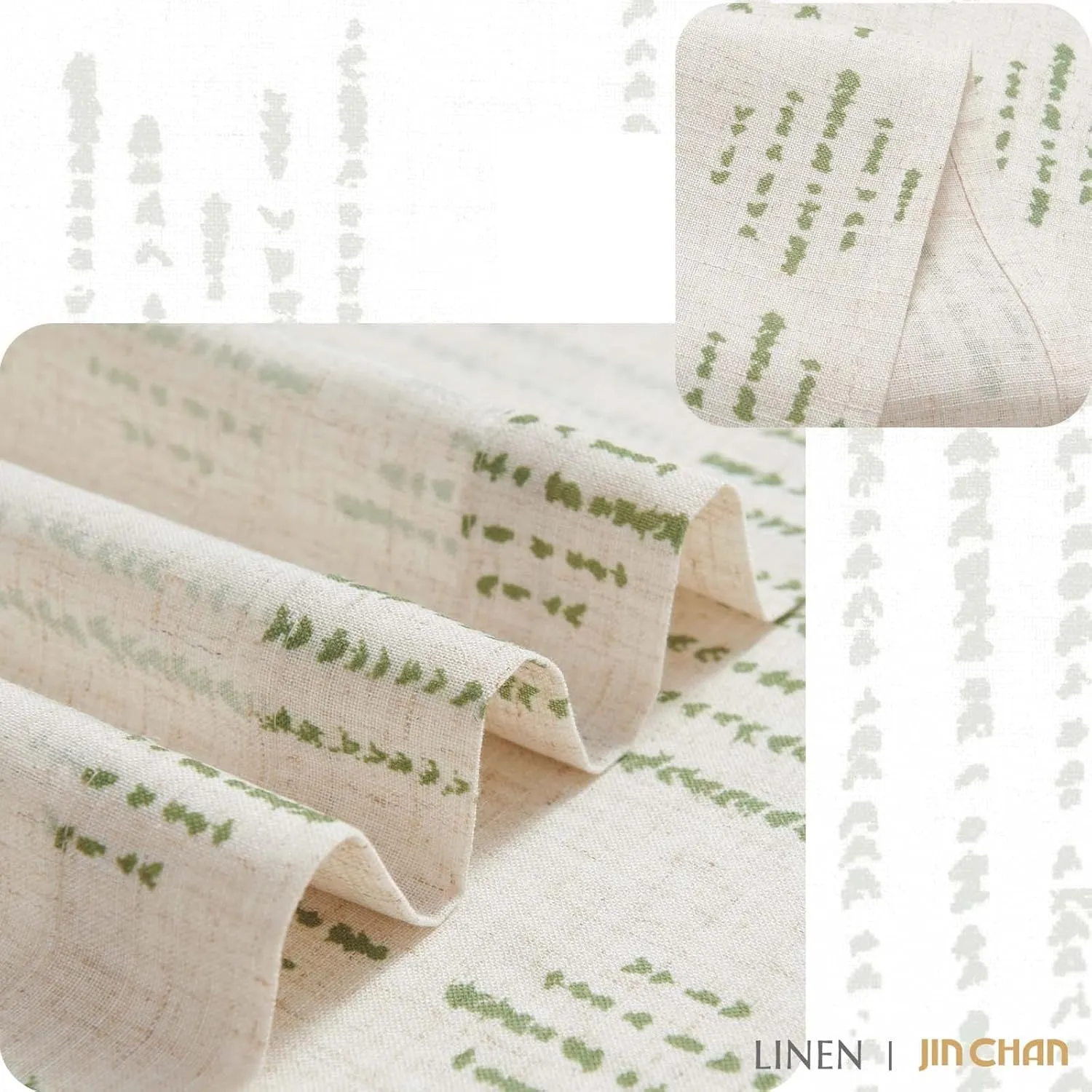 JINCHAN Boho Stripe Kitchen Curtains and Valance Set Linen Tier Curtains Bohemian Small Window Drape 36 Inch for Cafe Living Room Bathroom Window Treatments Rod Pocket 3 Pieces Set Sage Green on Beige