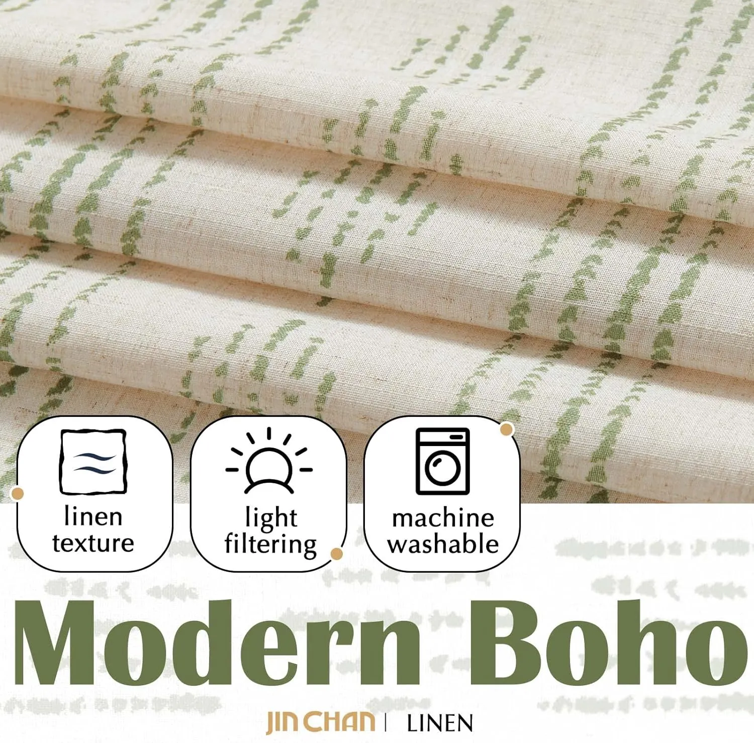 JINCHAN Boho Stripe Kitchen Curtains and Valance Set Linen Tier Curtains Bohemian Small Window Drape 36 Inch for Cafe Living Room Bathroom Window Treatments Rod Pocket 3 Pieces Set Sage Green on Beige