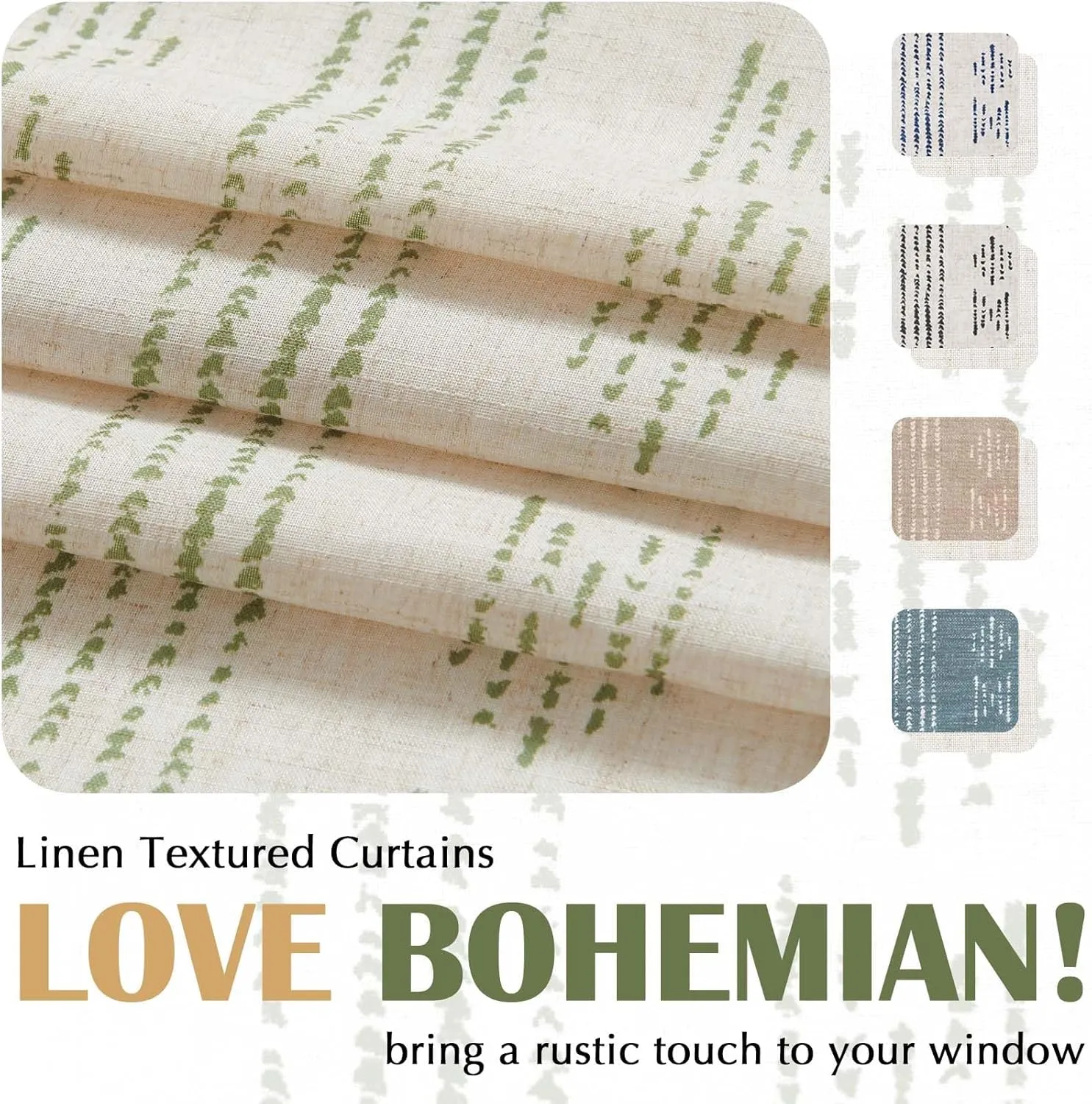 JINCHAN Boho Stripe Kitchen Curtains and Valance Set Linen Tier Curtains Bohemian Small Window Drape 36 Inch for Cafe Living Room Bathroom Window Treatments Rod Pocket 3 Pieces Set Sage Green on Beige