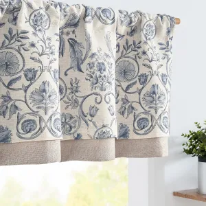 jinchan Double Layer Linen Valance Kitchen Curtain for Windows 16 Inch for Living Room Bedroom Bathroom Window Treatment Vintage Farmhouse Cottagecore Rod Pocket 1 Panel Blue on Beige