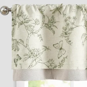 jinchan Floral Curtain Valance for Windows 16 Inch Linen Valance for Kitchen Living Room Rustic Cottage Farmhouse Flower Butterfly Curtain Rod Pocket 1 Panel Double Layer Blackout Green on Beige