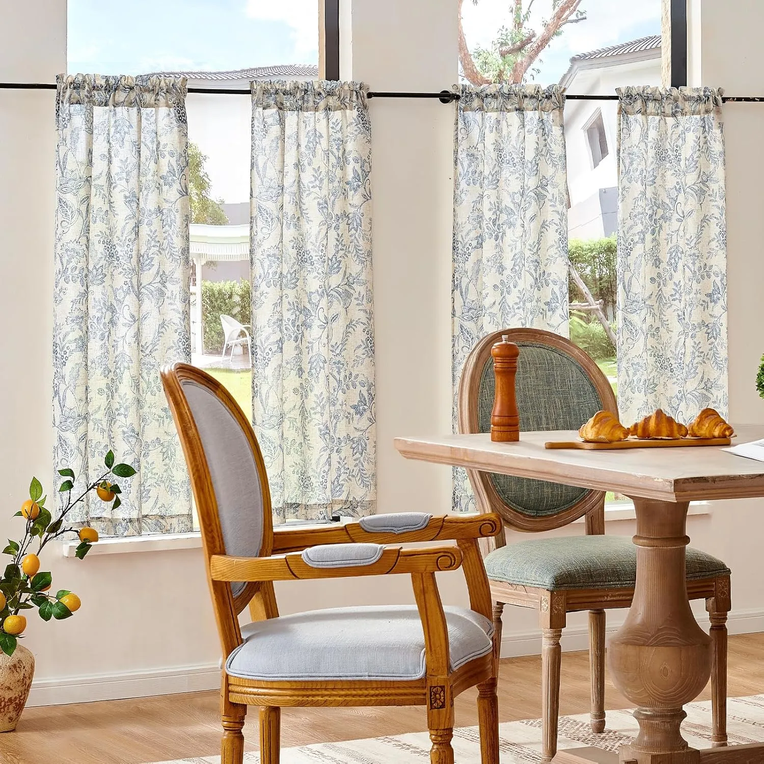 jinchan Floral Kitchen Curtains for Windows 45 Inch Linen Tier Farmhouse Cafe Curtains Country Botanic Small Window Rod Pocket Rustic Flax for Laundry Bathroom RV 2 Panels Blue on Beige
