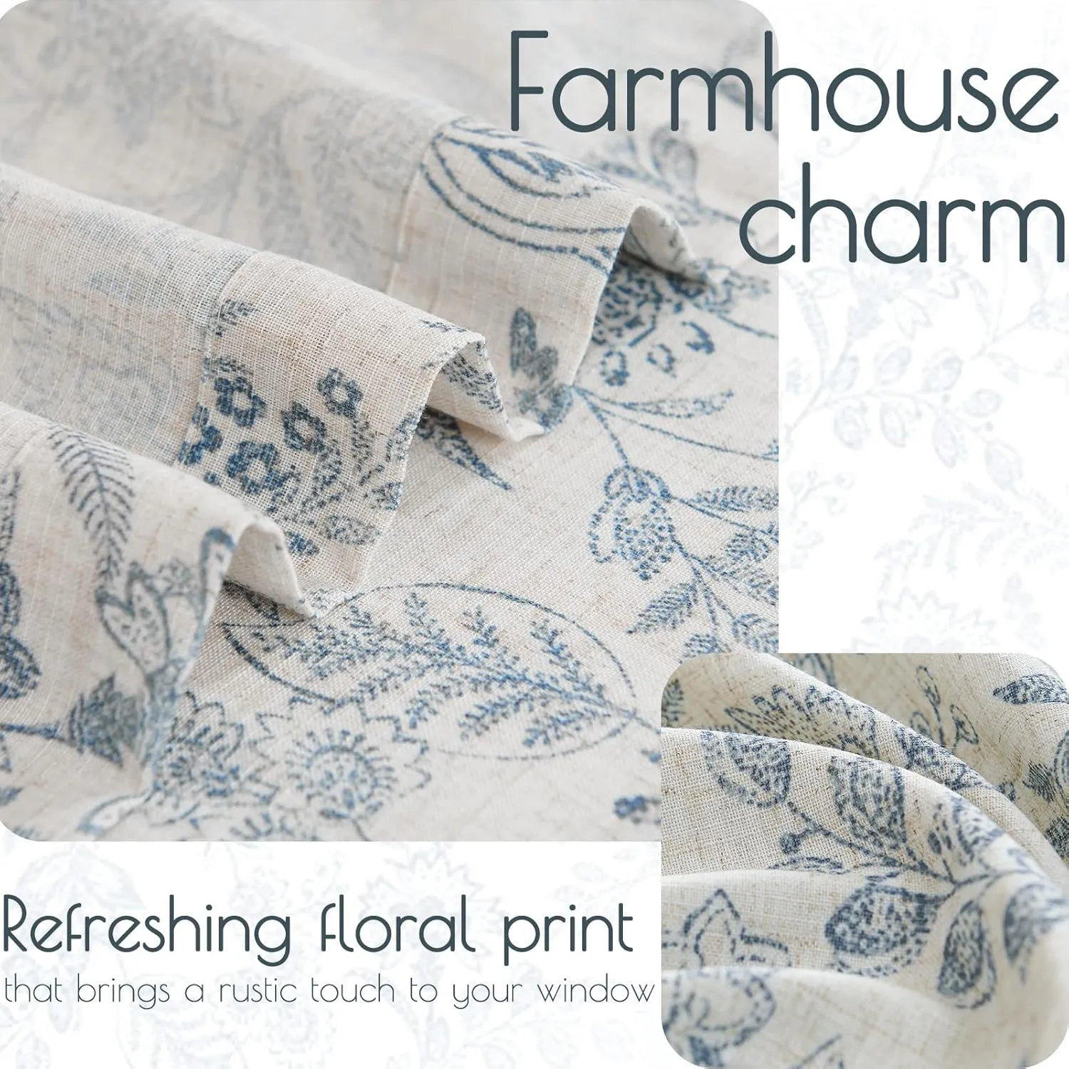 jinchan Floral Kitchen Curtains for Windows 45 Inch Linen Tier Farmhouse Cafe Curtains Country Botanic Small Window Rod Pocket Rustic Flax for Laundry Bathroom RV 2 Panels Blue on Beige