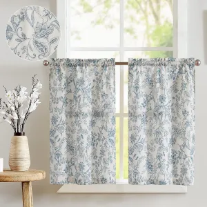 jinchan Floral Kitchen Curtains for Windows 45 Inch Linen Tier Farmhouse Cafe Curtains Country Botanic Small Window Rod Pocket Rustic Flax for Laundry Bathroom RV 2 Panels Blue on Beige