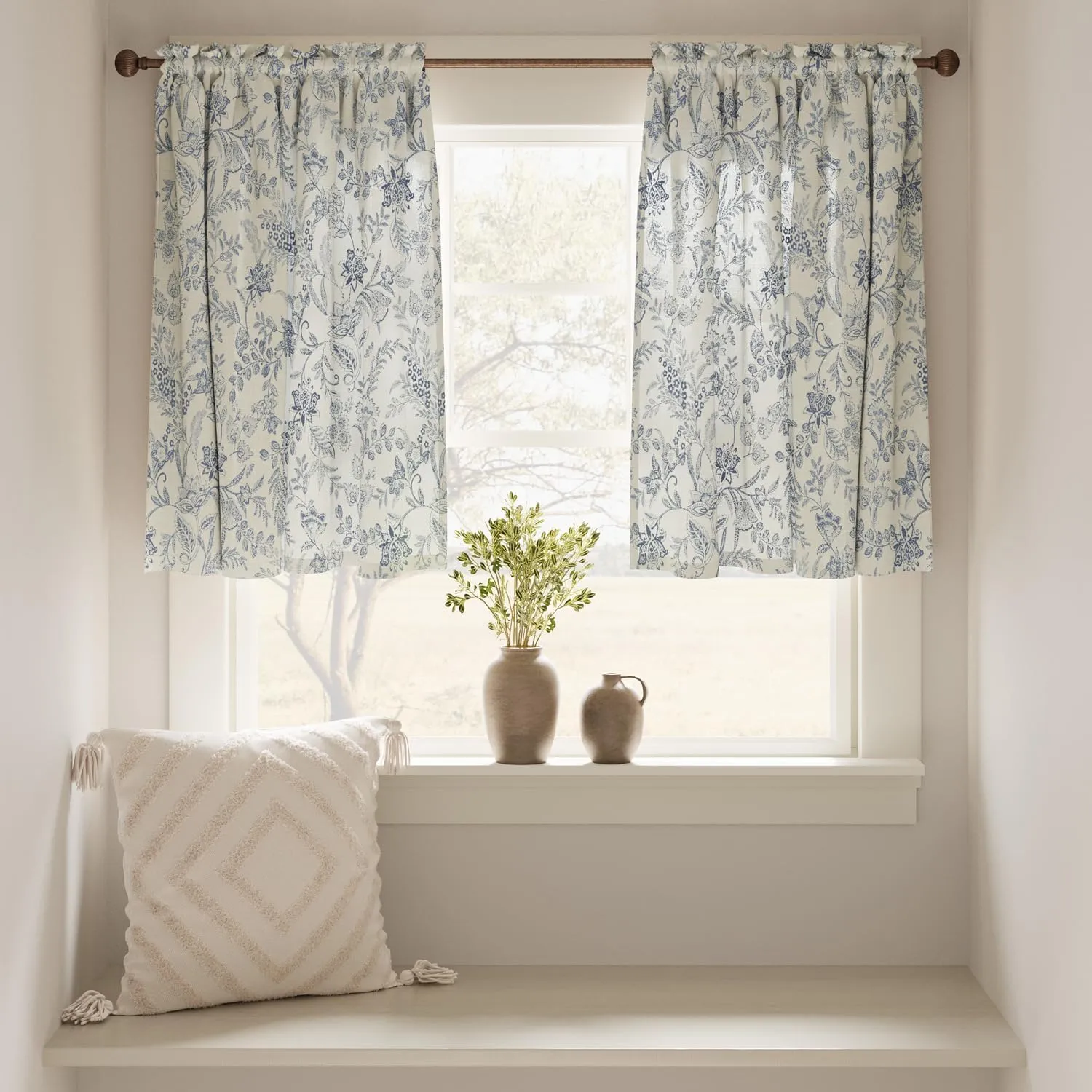 jinchan Floral Kitchen Curtains for Windows 45 Inch Linen Tier Farmhouse Cafe Curtains Country Botanic Small Window Rod Pocket Rustic Flax for Laundry Bathroom RV 2 Panels Blue on Beige