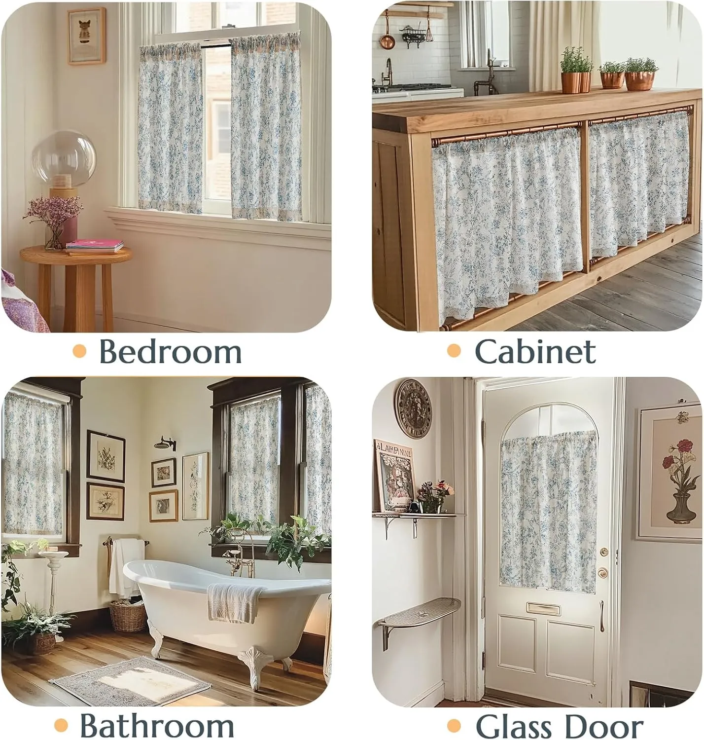 jinchan Floral Kitchen Curtains for Windows 45 Inch Linen Tier Farmhouse Cafe Curtains Country Botanic Small Window Rod Pocket Rustic Flax for Laundry Bathroom RV 2 Panels Blue on Beige
